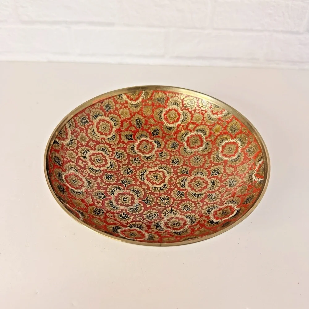 Vintage Enamel Brass Bowl Red Floral Patterned Pedestal 5